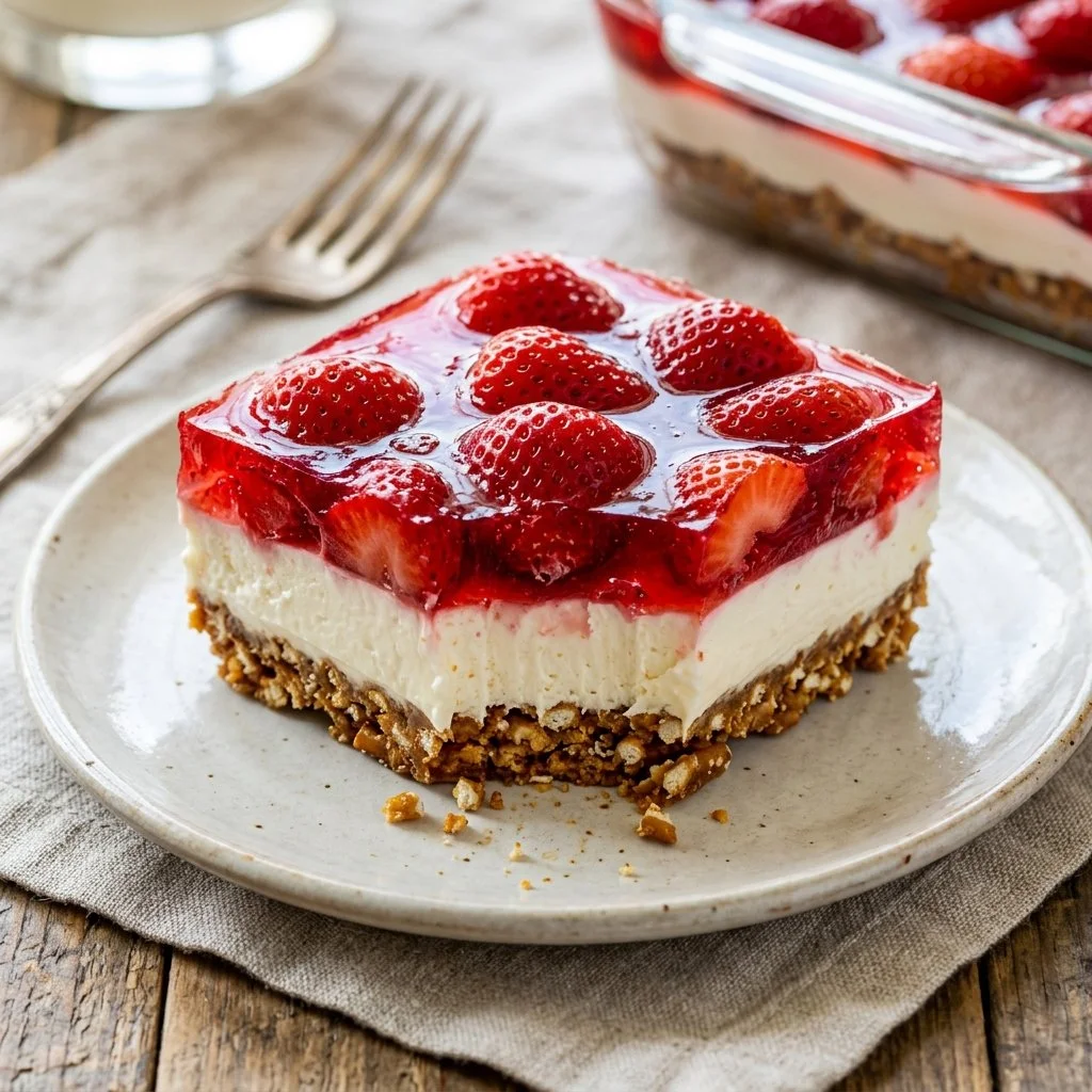 Delicious Strawberry Pretzel Salad with a crusty pretzel base, cream cheese filling, and fresh strawberries