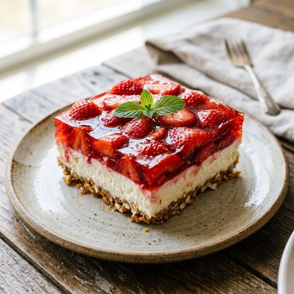 Delicious Strawberry Pretzel Salad made with strawberries, cream cheese, and pretzels.