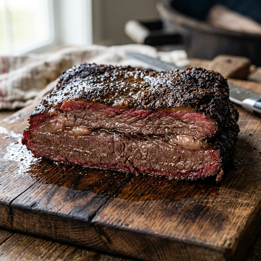 Juicy Texas style brisket served with barbecue sauce and sides.