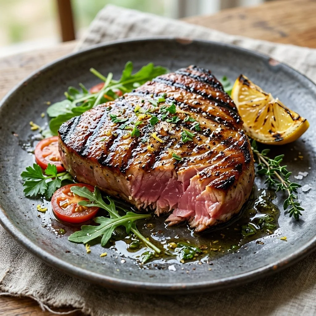 Grilled tuna steak on a plate garnished with herbs