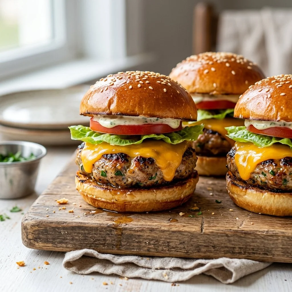 Turkey burger sliders served on a platter with fresh toppings and sauces