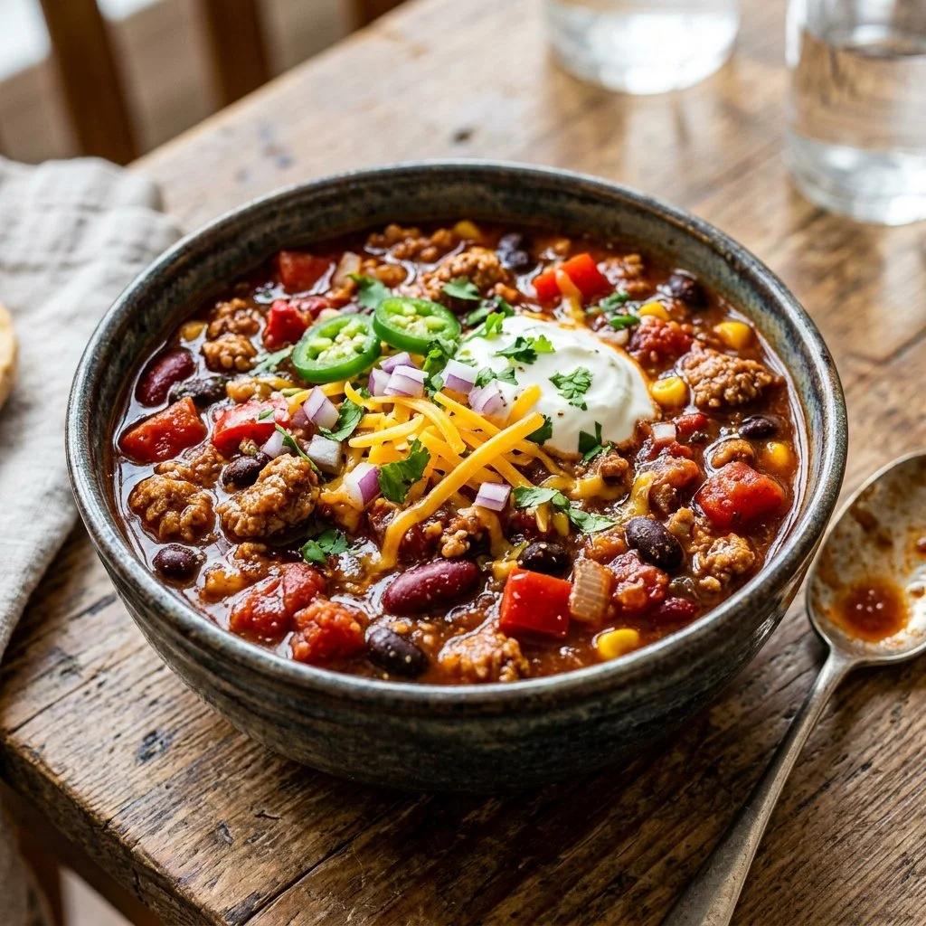Delicious homemade Turkey Chili in a bowl with fresh toppings