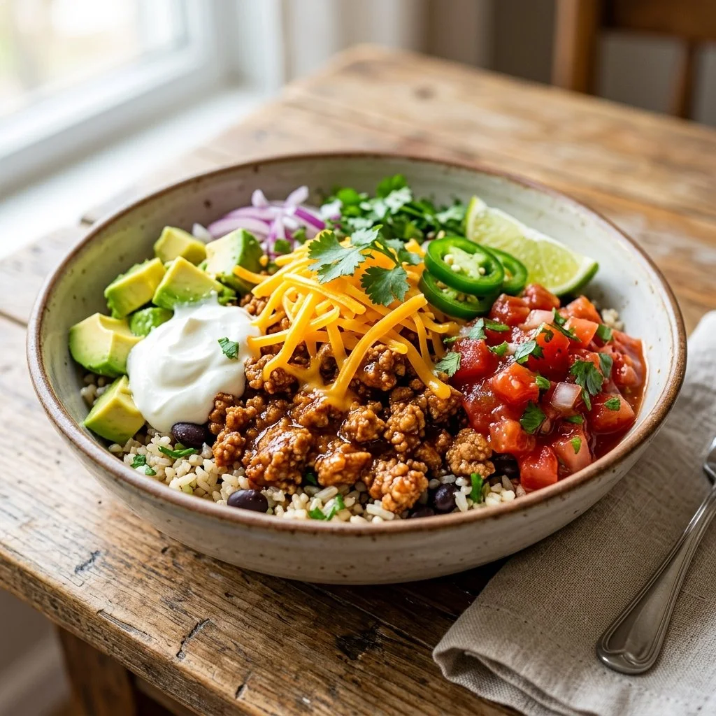 Healthy Turkey Taco Bowls with fresh toppings, a delightful meal option.