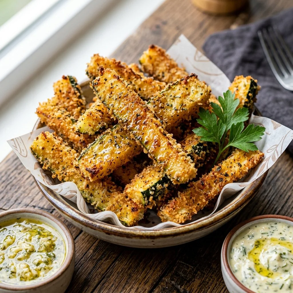 Crispy air fryer zucchini fries served with dipping sauce