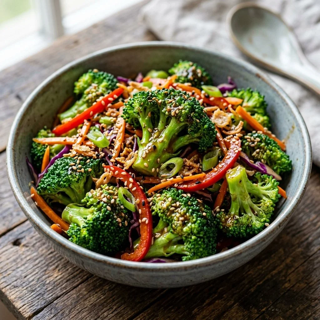 Bowl of Asian Sesame Broccoli Salad with sesame seeds and vibrant veggies