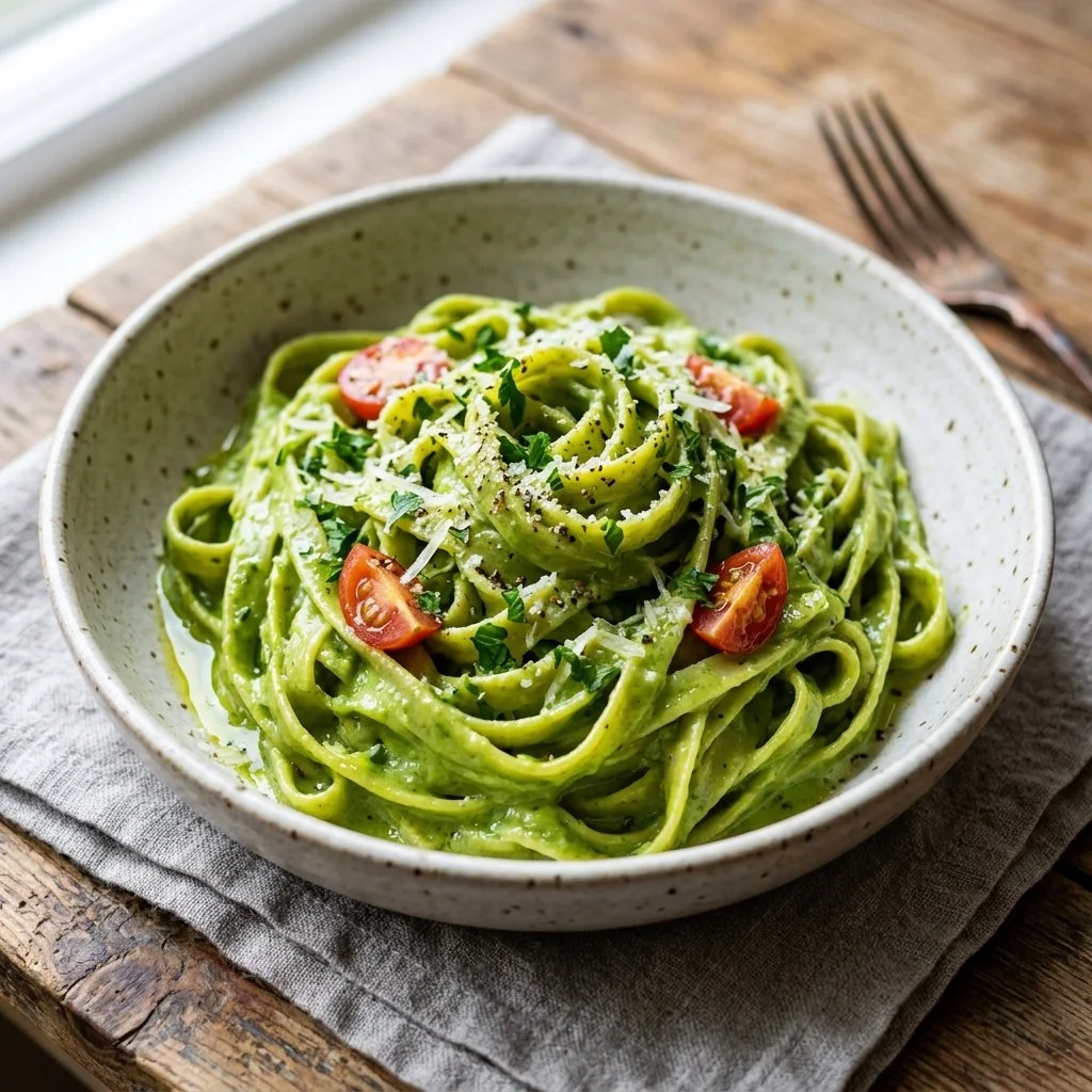 Creamy avocado cream pasta garnished with fresh herbs in a bowl