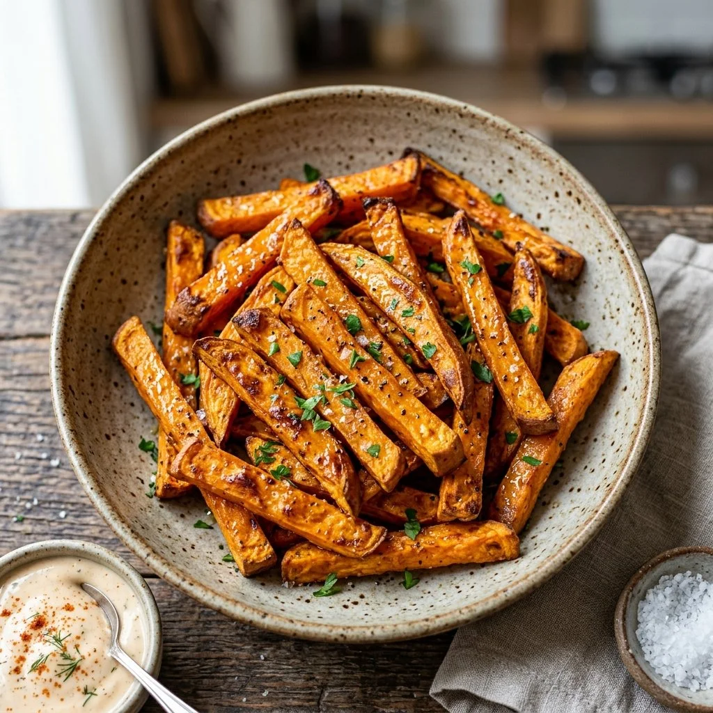 Baked sweet potato fries served in a bowl, garnished with spices.