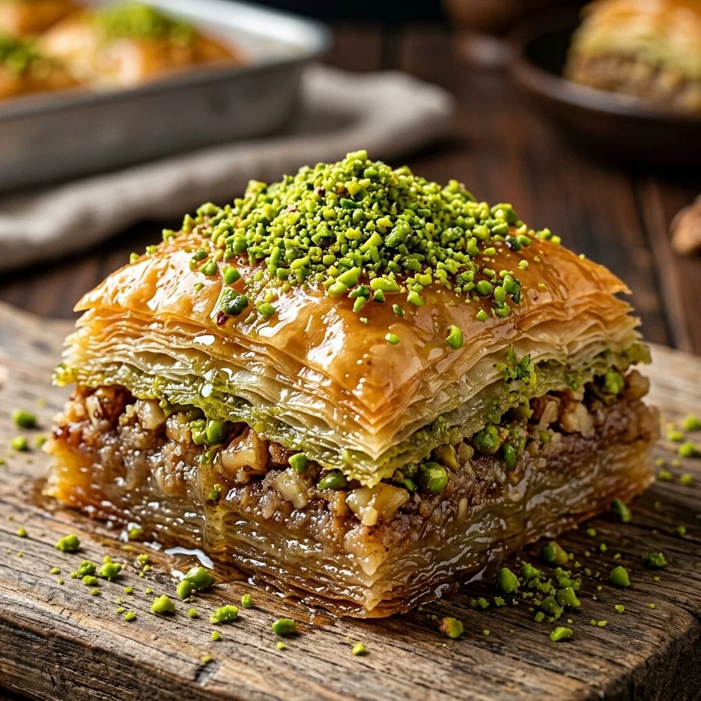 A plate of homemade baklava drizzled with honey and topped with nuts