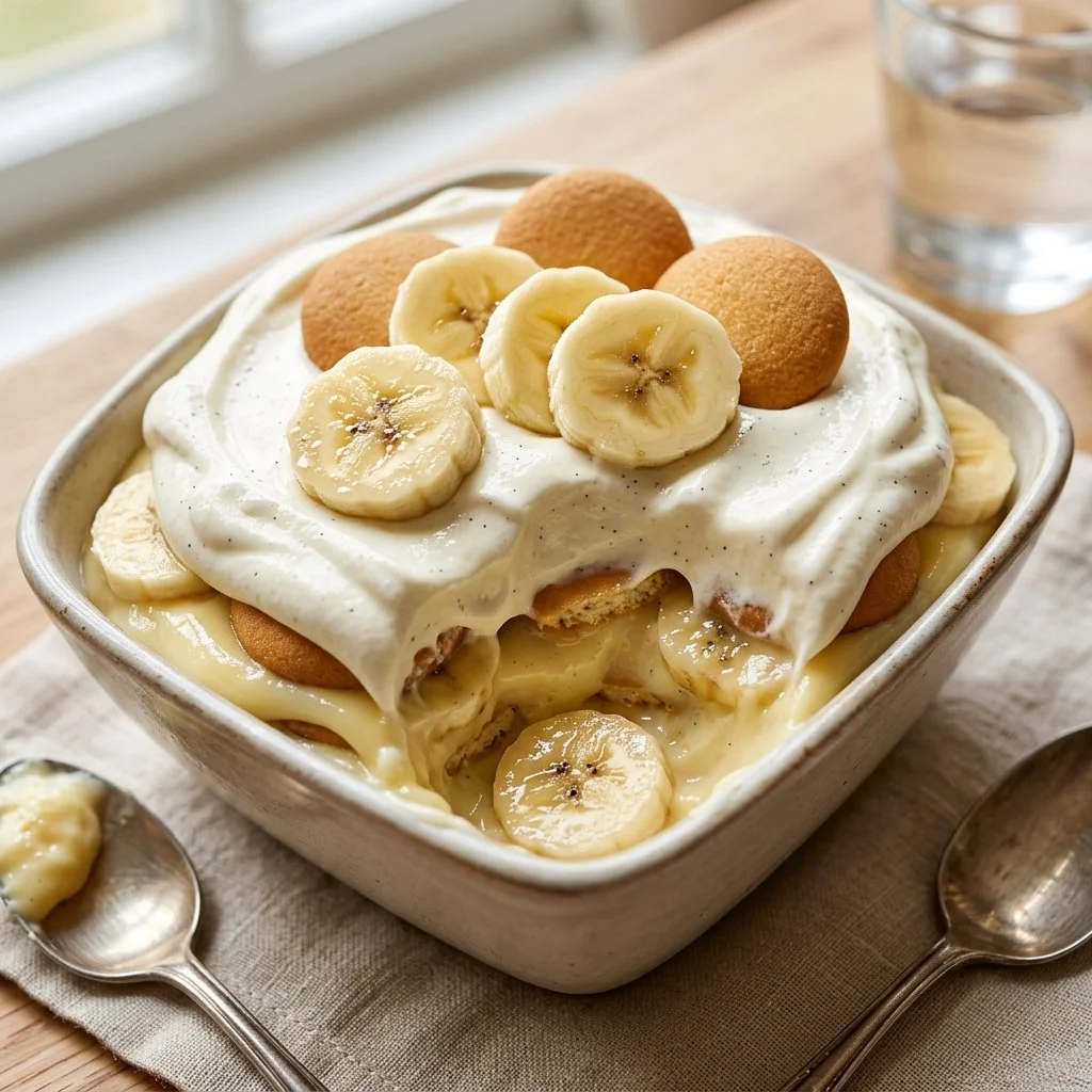 Delicious banana pudding served in a glass with fresh bananas on top.