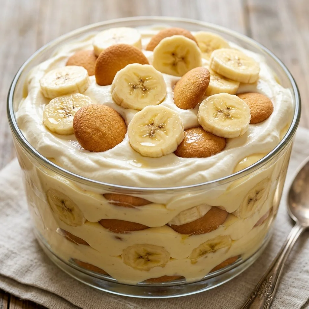 Delicious banana pudding served in a glass with vanilla wafers and slices of banana