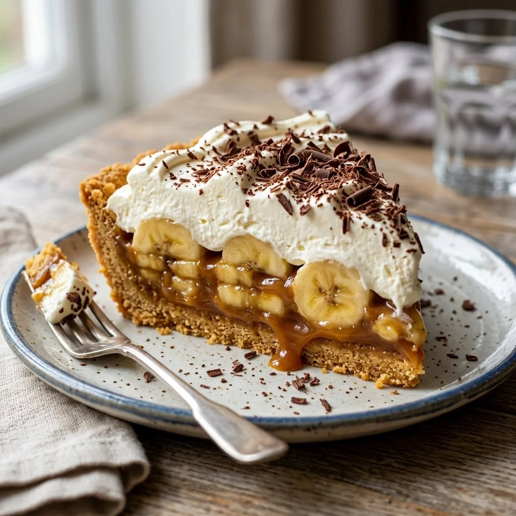 Delicious homemade Banoffee Pie with bananas, toffee, and whipped cream.