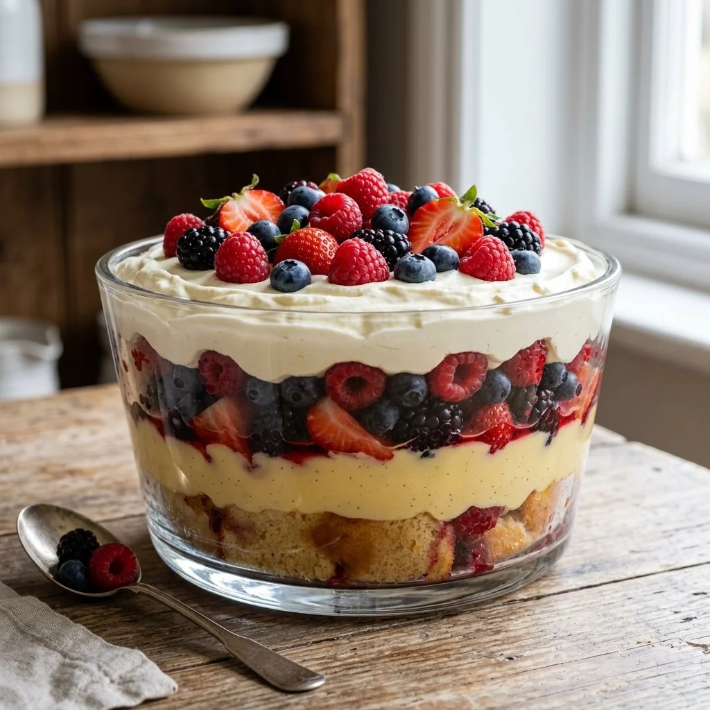 Delicious berry trifle with layers of cream and fresh berries