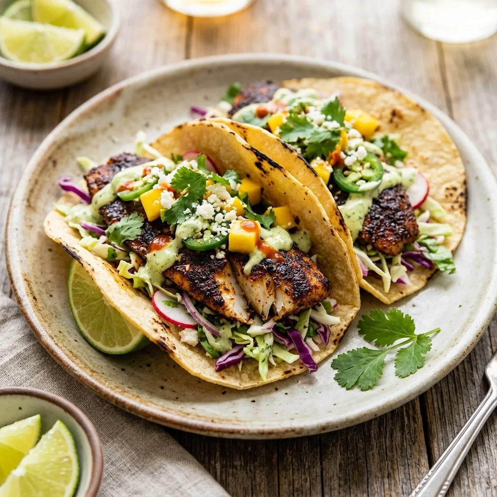 Blackened tilapia tacos garnished and ready to serve.