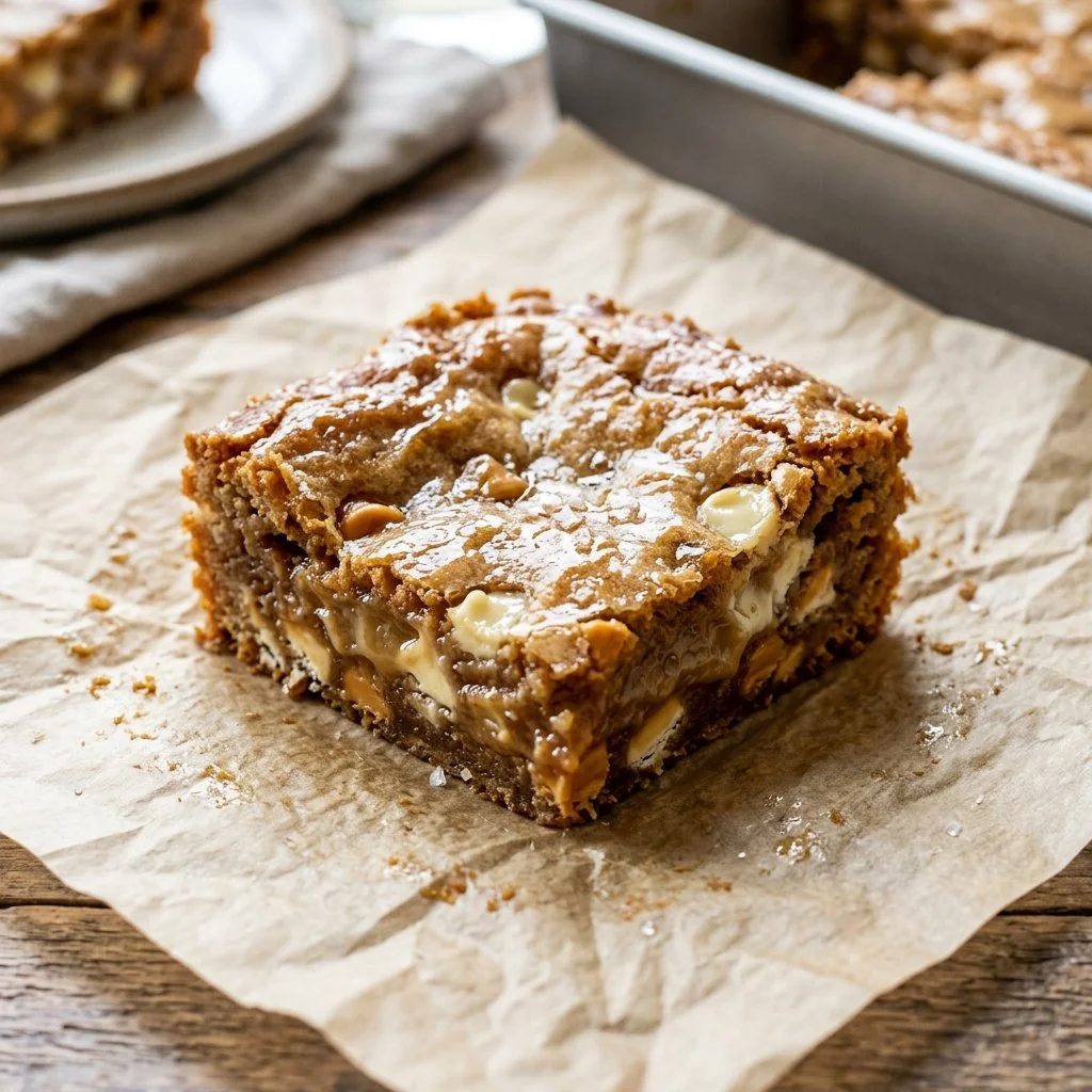 Deliciously baked blondies in a tray, showcasing their chewy texture and golden color.