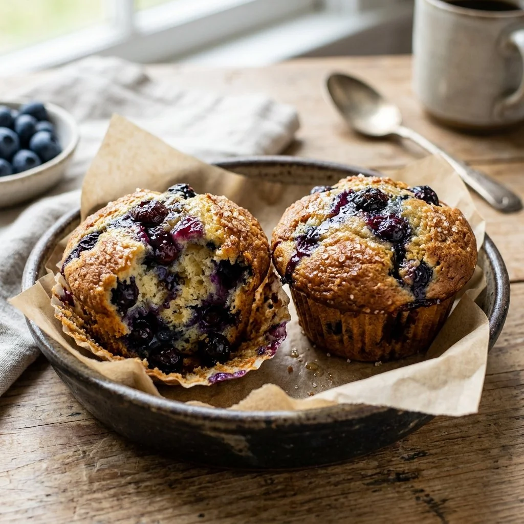 Freshly baked blueberry muffins on a cooling rack
