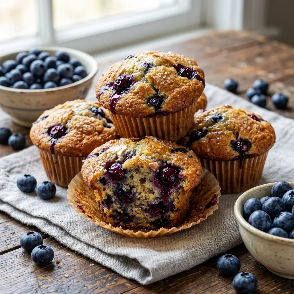Freshly baked blueberry muffins on a wooden table