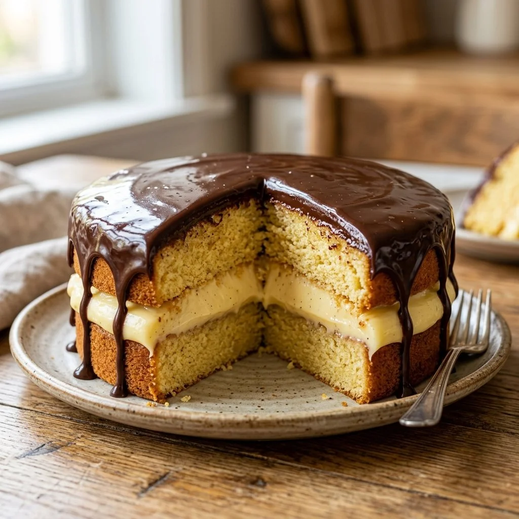 A slice of Boston Cream Pie with custard filling and chocolate glaze on top