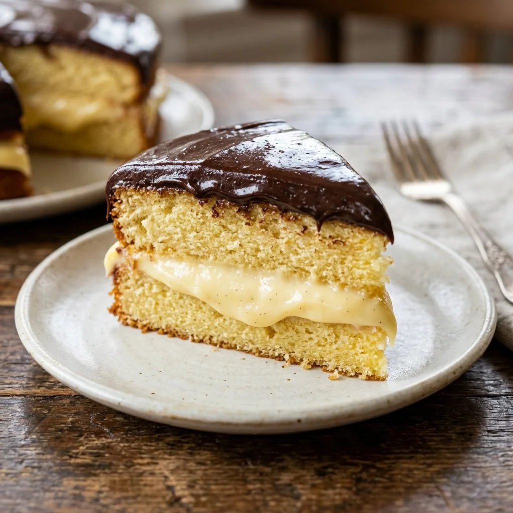 Delicious slice of Boston Cream Pie with chocolate ganache and custard filling