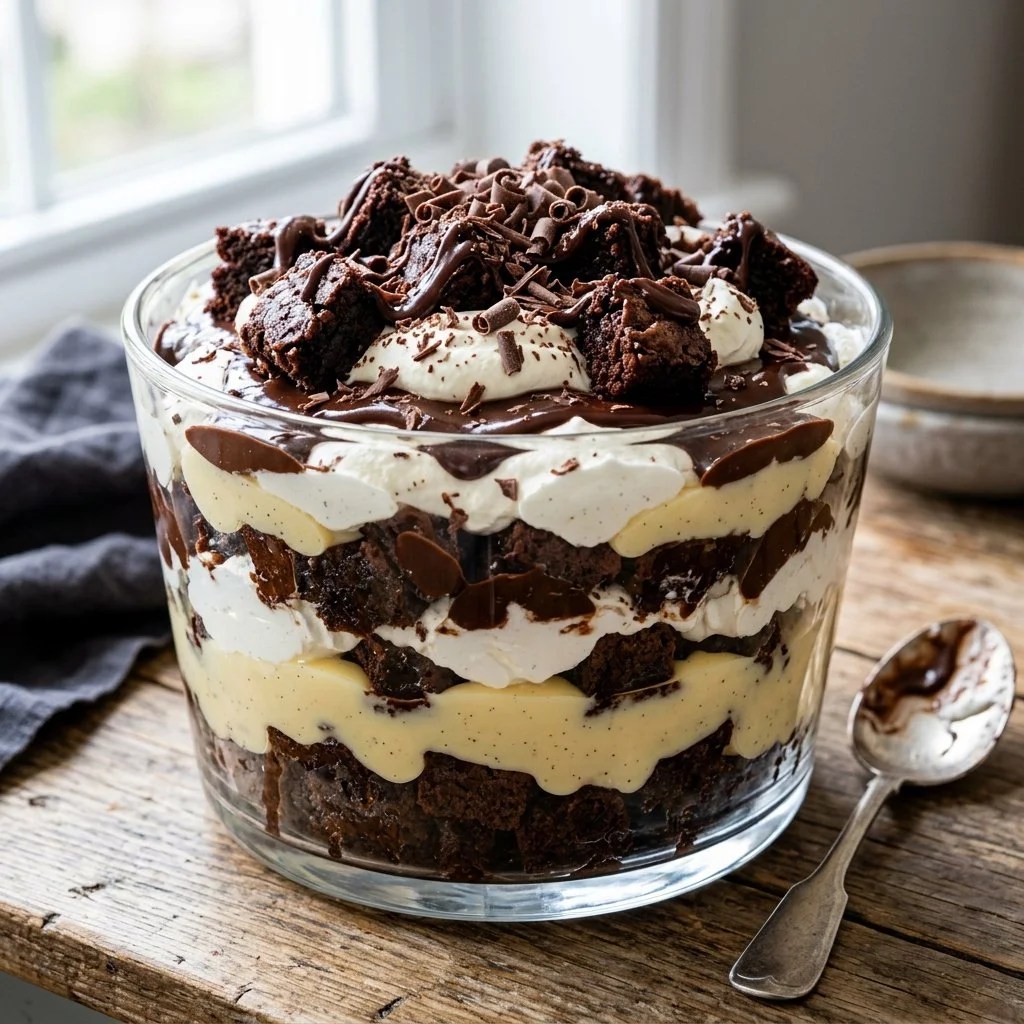 Delicious brownie trifle with layers of chocolate and whipped cream