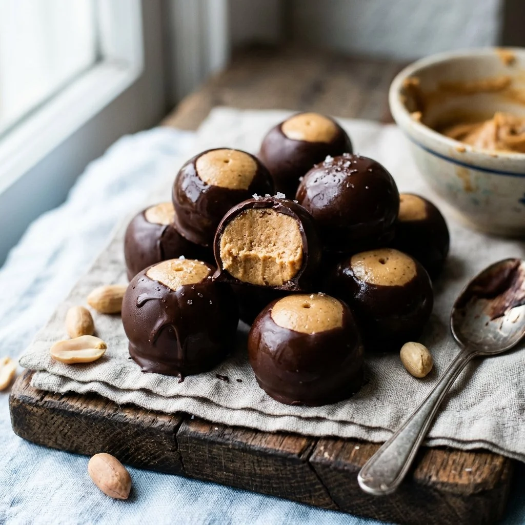 Homemade Buckeye Candy with chocolate coating and peanut butter filling