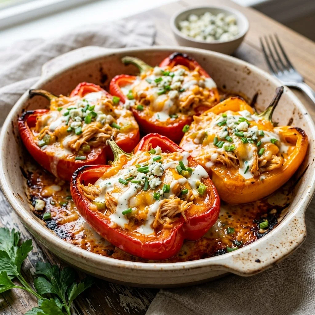 Buffalo Chicken Stuffed Peppers topped with cheese and herbs