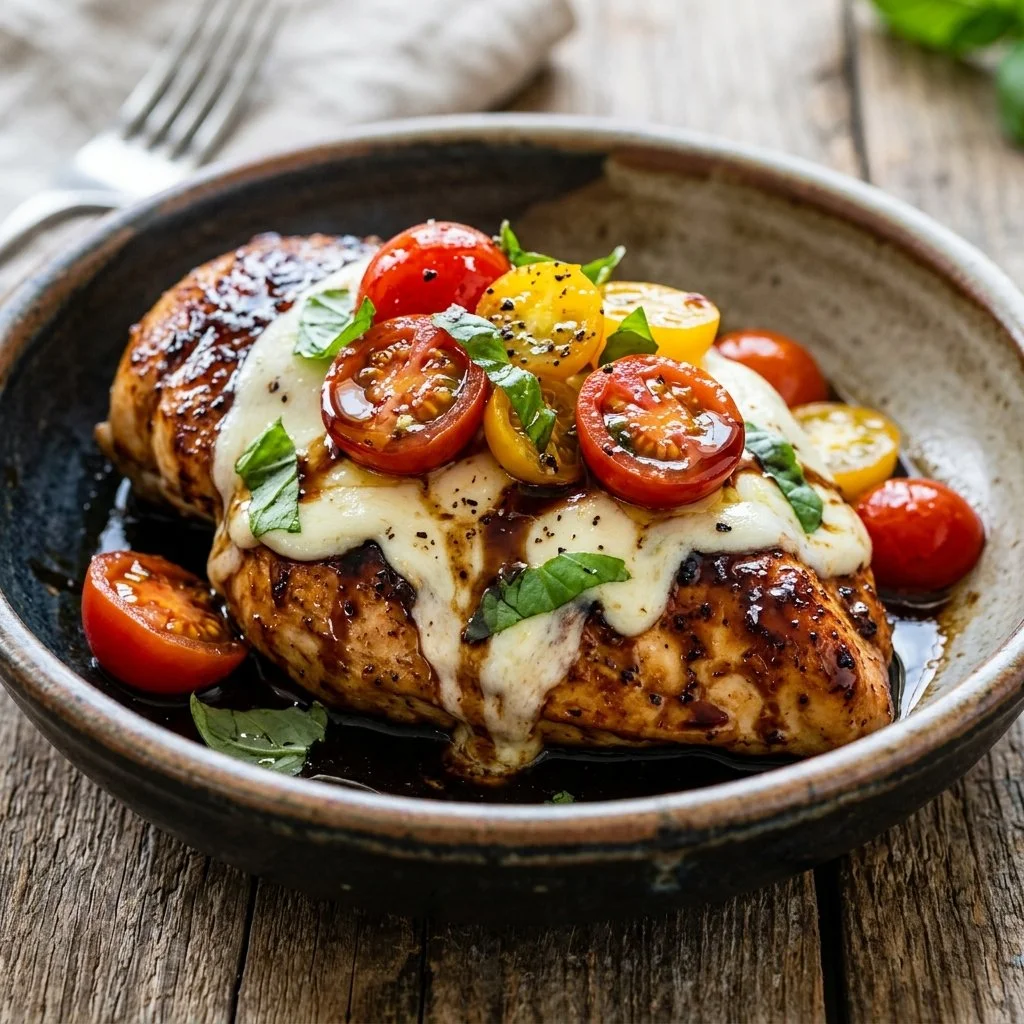 Plate of Caprese Chicken Balsamic with fresh basil, tomatoes, and mozzarella.