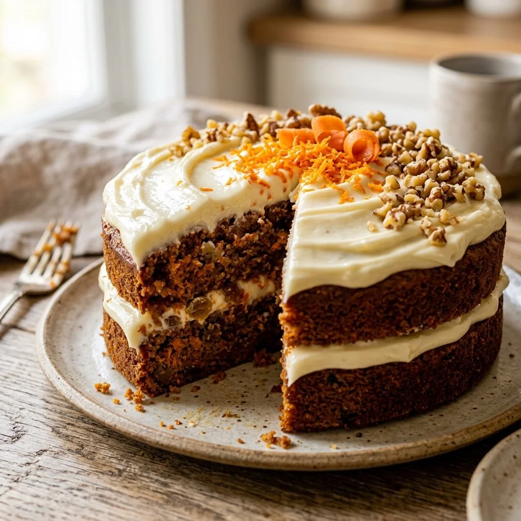 Delicious homemade carrot cake topped with cream cheese frosting and nuts.