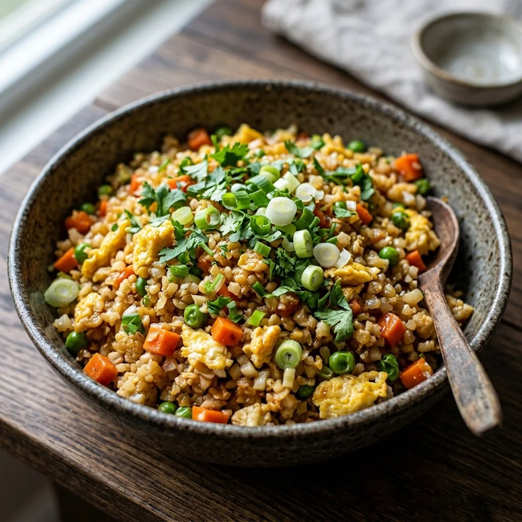 Bowl of cauliflower fried rice with vegetables and herbs