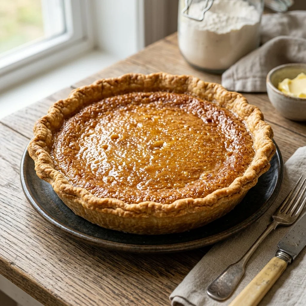 Delicious slice of Chess Pie served on a rustic wooden table