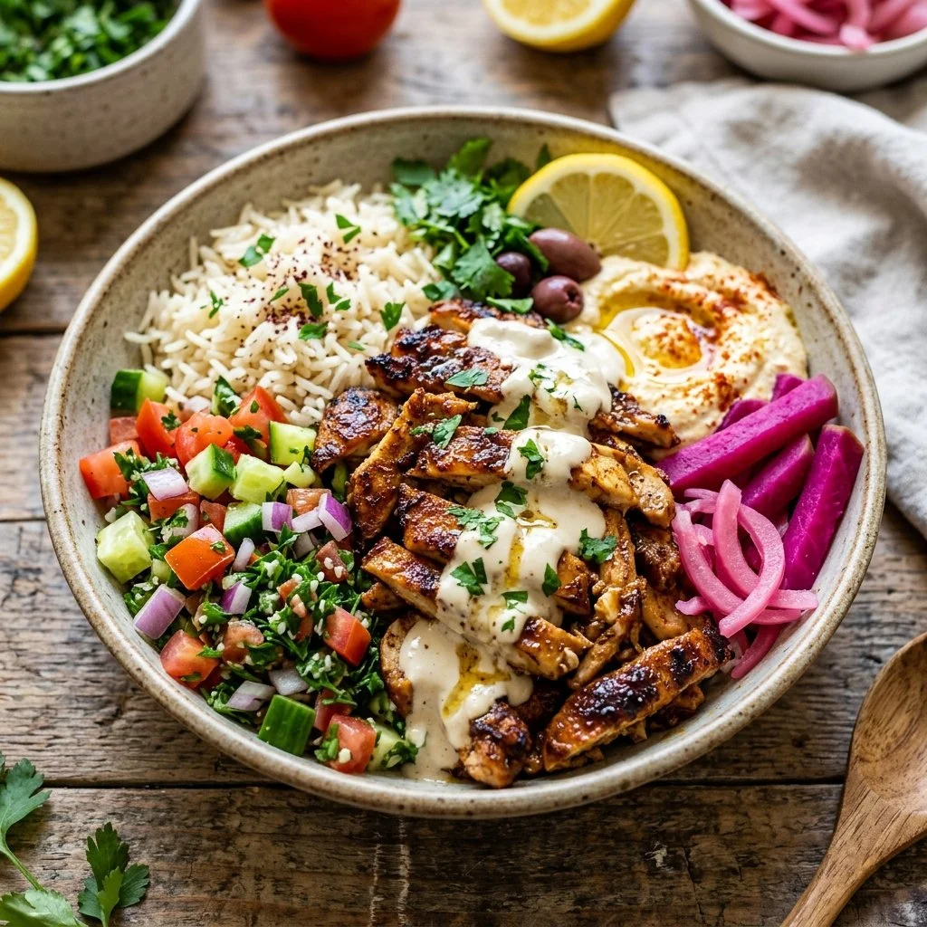 Delicious Chicken Shawarma Bowls with fresh vegetables and sauces.