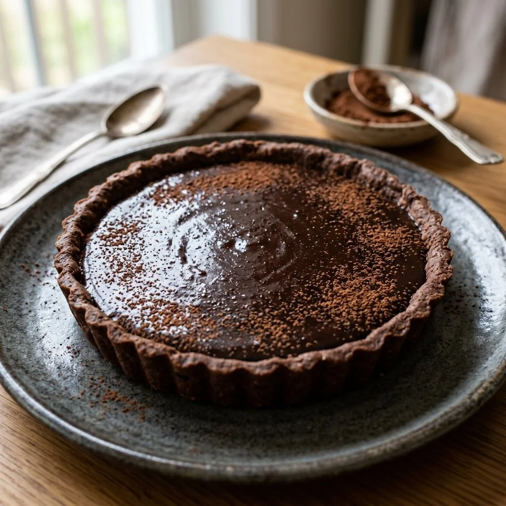Delicious chocolate ganache tart presented on a white plate