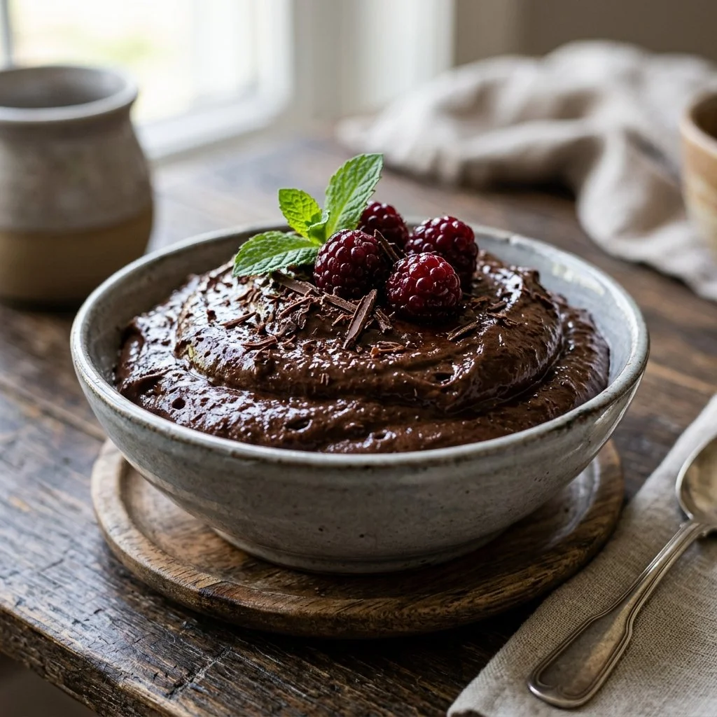 Delicious chocolate mousse dessert in a glass topped with whipped cream