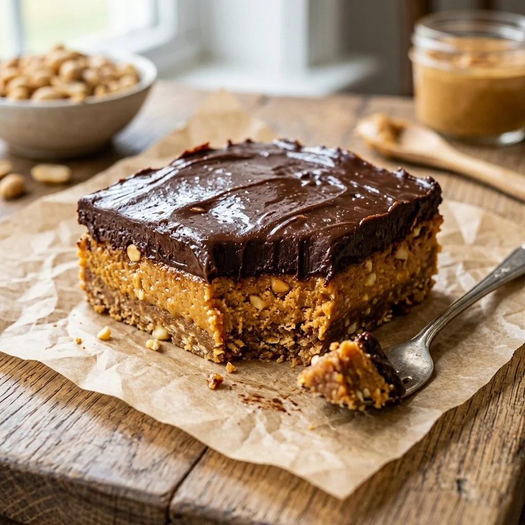 Delicious homemade Chocolate Peanut Butter Bars stacked on a plate