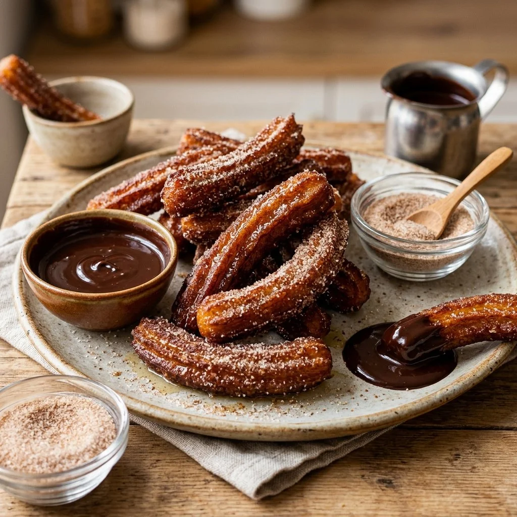 Delicious homemade churros sprinkled with sugar and cinnamon