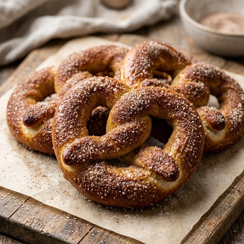 Delicious cinnamon sugar pretzels arranged on a plate.