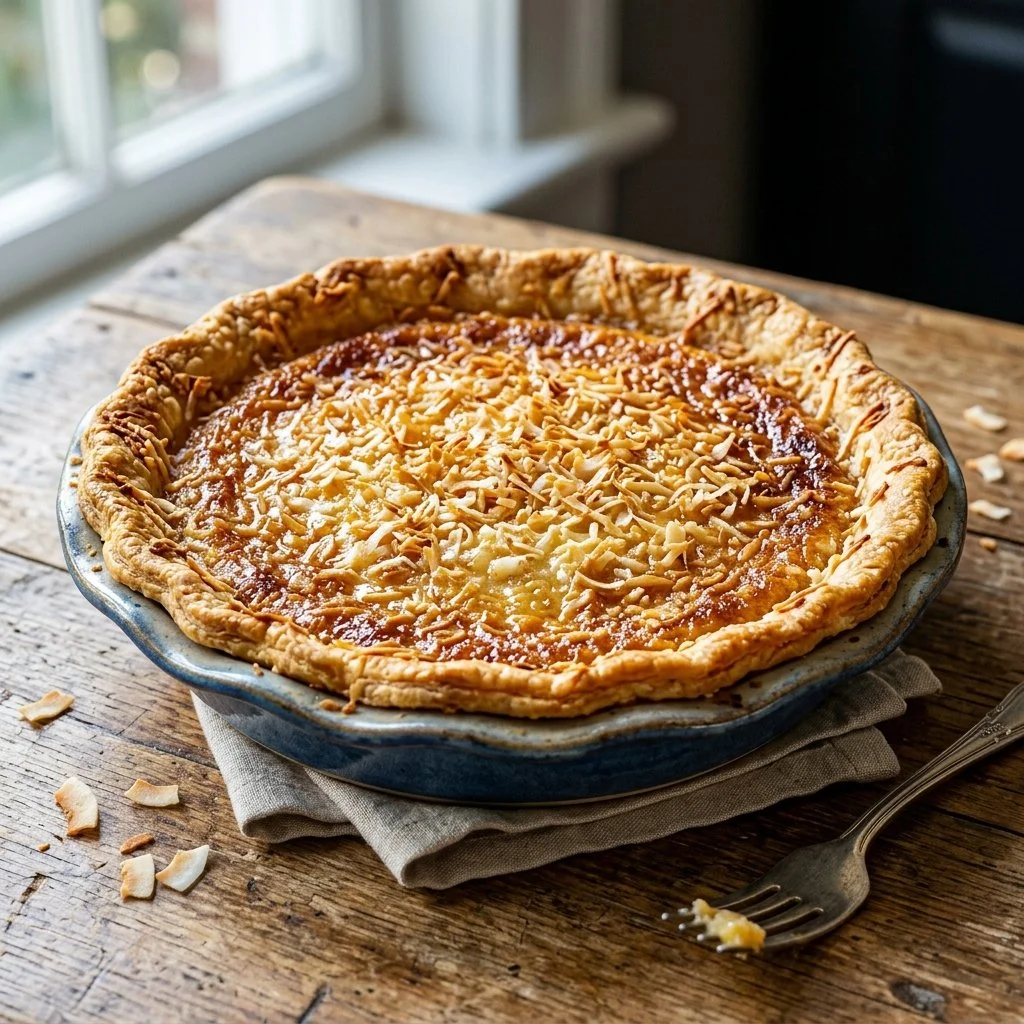 Homemade Coconut Custard Pie topped with whipped cream and coconut flakes