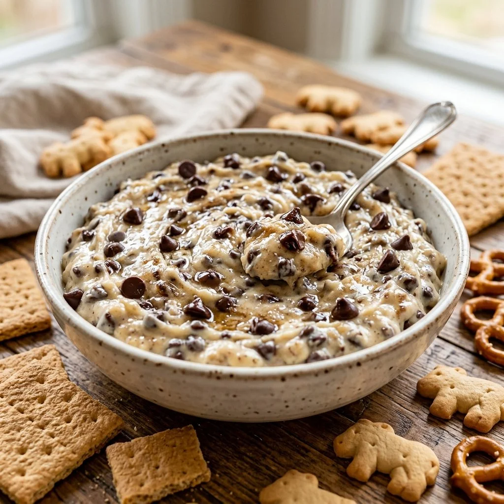Delicious cookie dough dip served with fruit and cookies for dipping