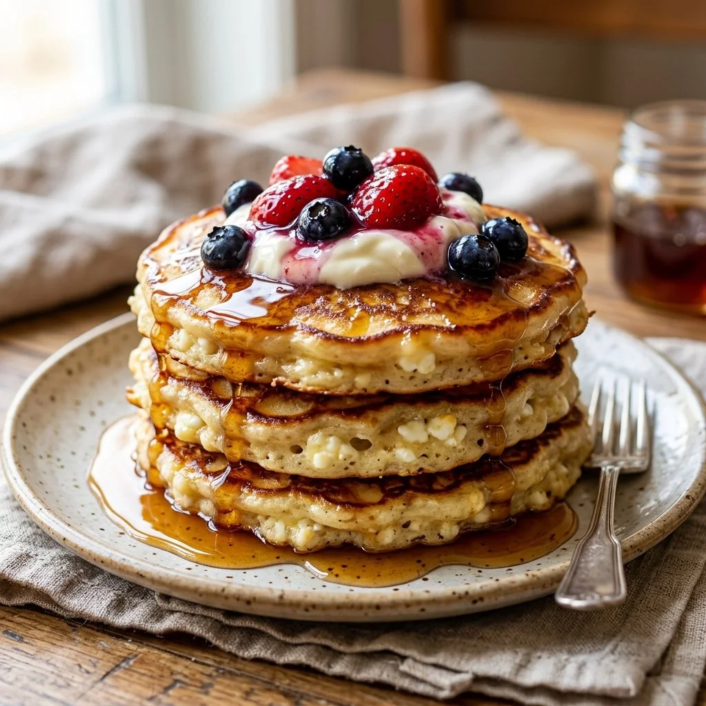 Fluffy cottage cheese pancakes served on a plate with syrup and berries.