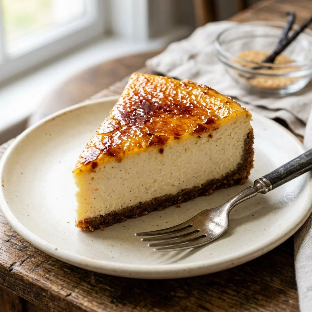 Delicious crème brûlée cheesecake topped with a caramelized sugar crust