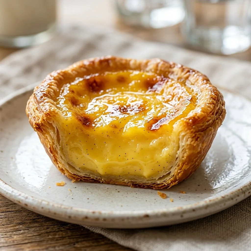 Delicious custard tart topped with a sprinkle of nutmeg on a wooden table
