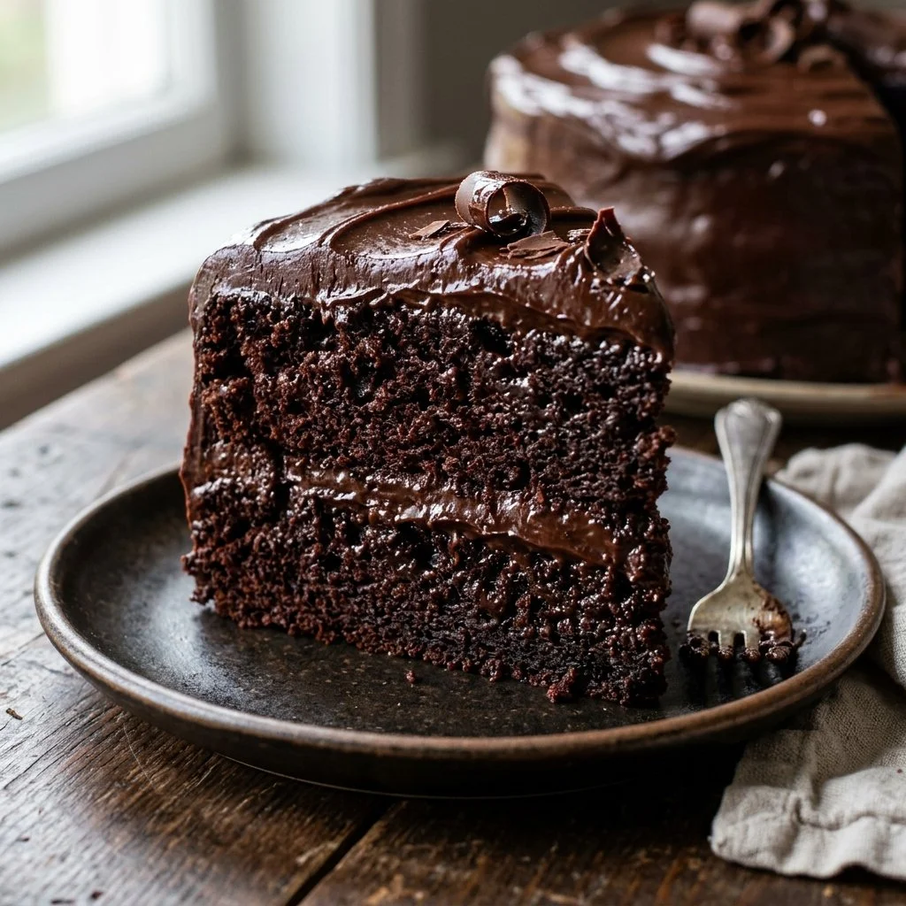 A decadent slice of Devil's Food Cake topped with chocolate frosting.