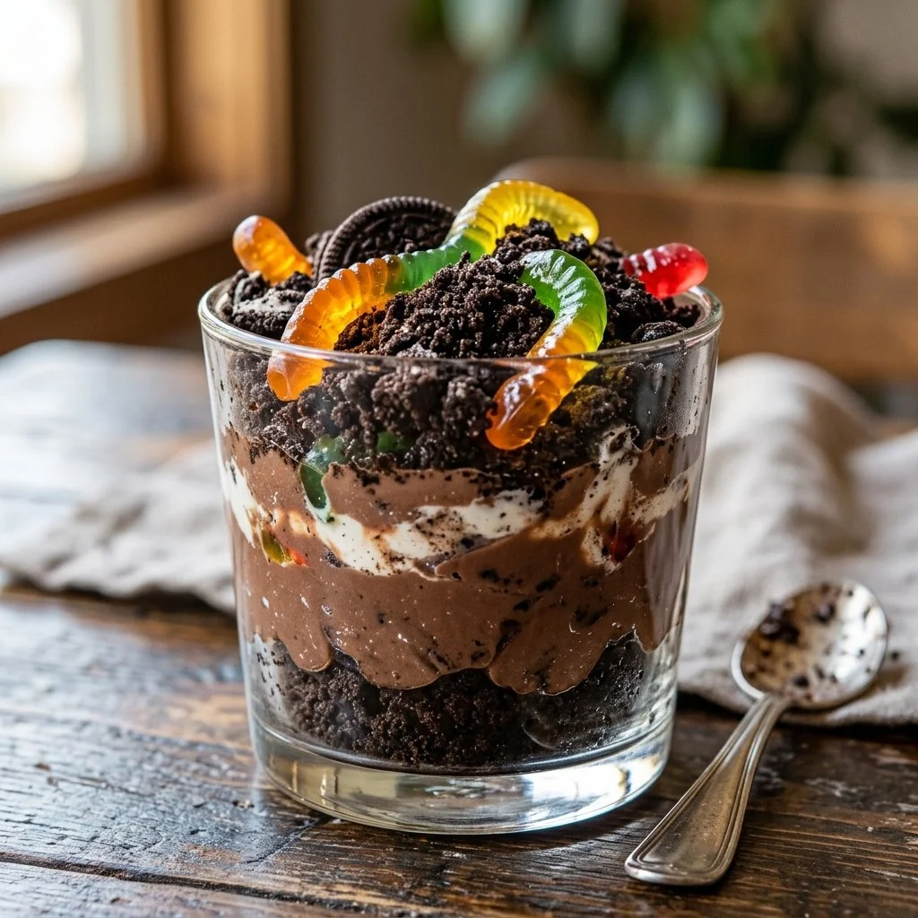 Delicious dirt pudding dessert served in cups with gummy worms and crushed cookies