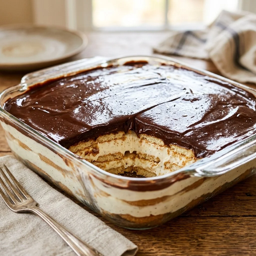 Delicious homemade Eclair Cake topped with chocolate