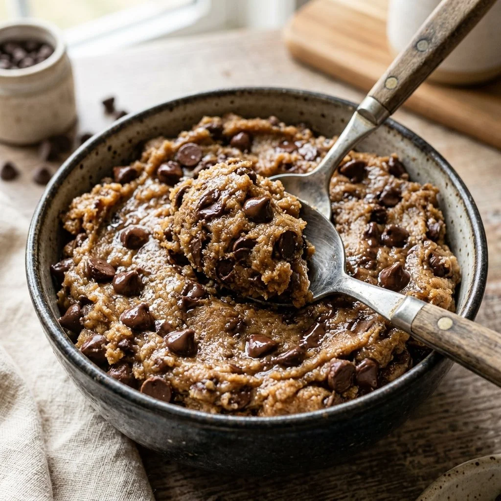 Bowl of edible cookie dough with chocolate chips and a spoon