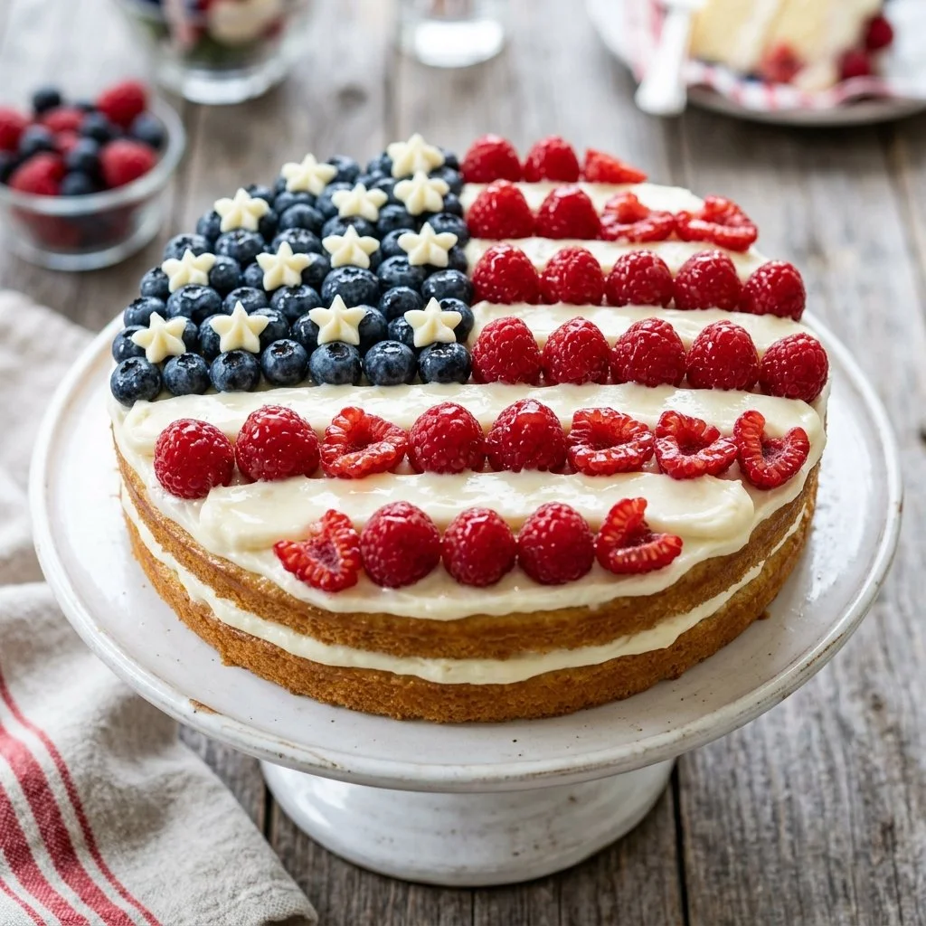 Delicious flag cake decorated for a patriotic celebration.