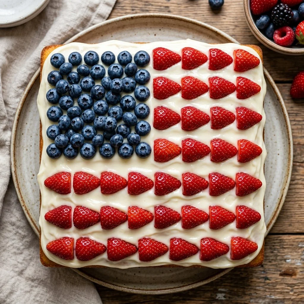 Delicious homemade Flag Cake decorated with red, white, and blue frosting.