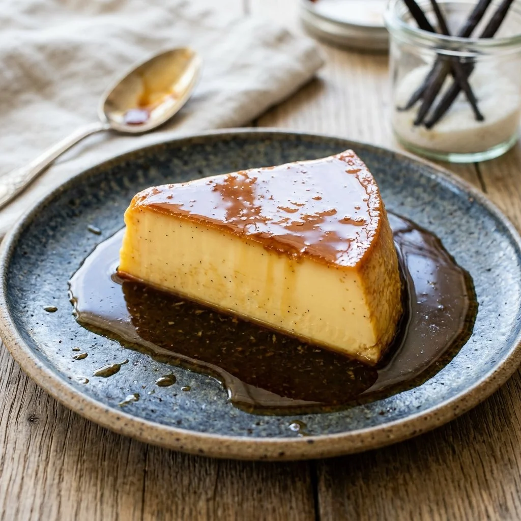 Delicious homemade flan topped with caramel sauce ready to serve.