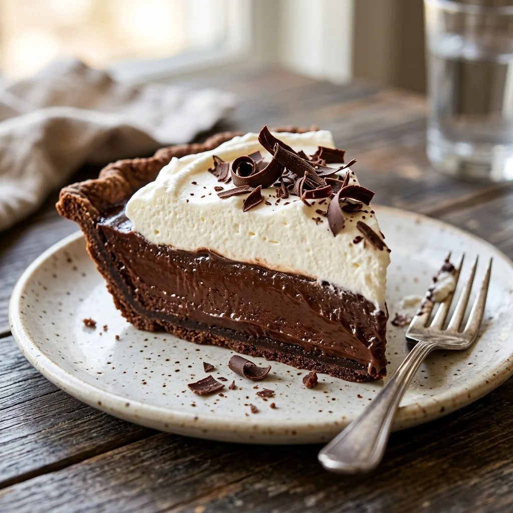 A decadent slice of French Silk Pie topped with whipped cream and chocolate shavings.