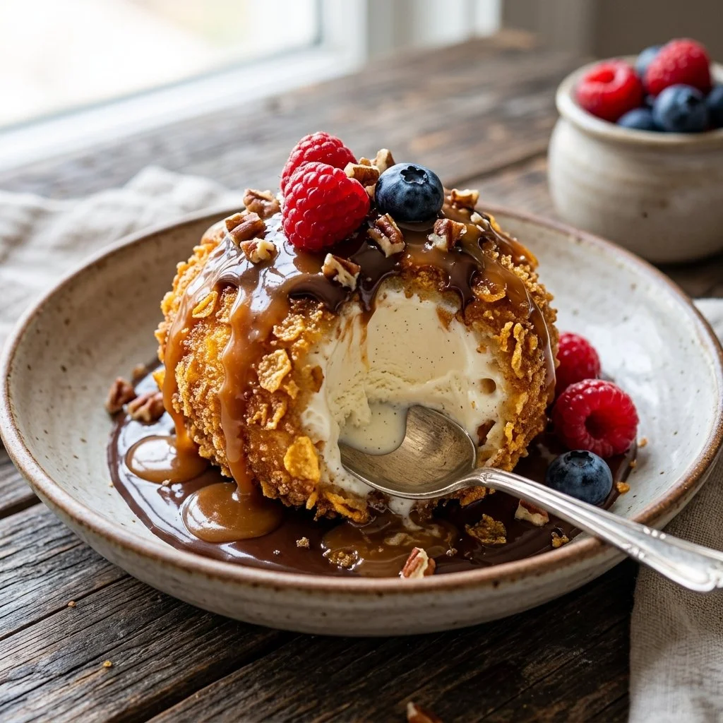 Delicious fried ice cream dessert served with toppings