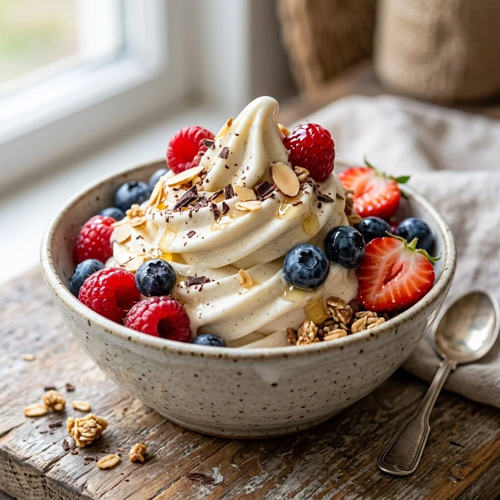 A tempting bowl of frozen yogurt topped with colorful fruits and sprinkles